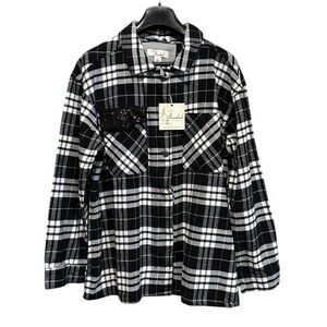 Café Marrakesh black white plaid flannel Style shirt NWT pockets L hidden button